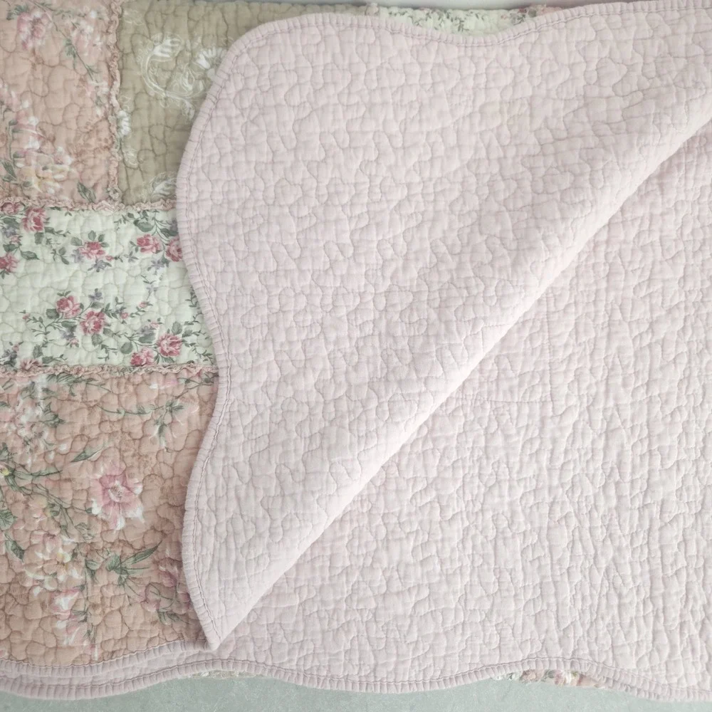 Patchwork Rag Quilt XL Queen Pink Floral Cotton Reversible Shabby Cottage 91x99